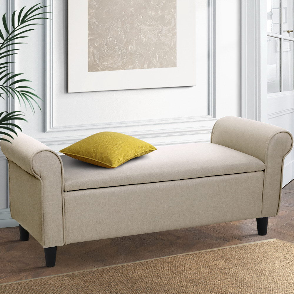 125cm Taupe Linen Storage Ottoman - FREE SHIPPING