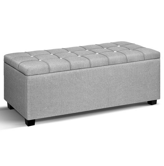 97cm Linen Grey with Buttons Storage Ottoman - FREE SHIPPING