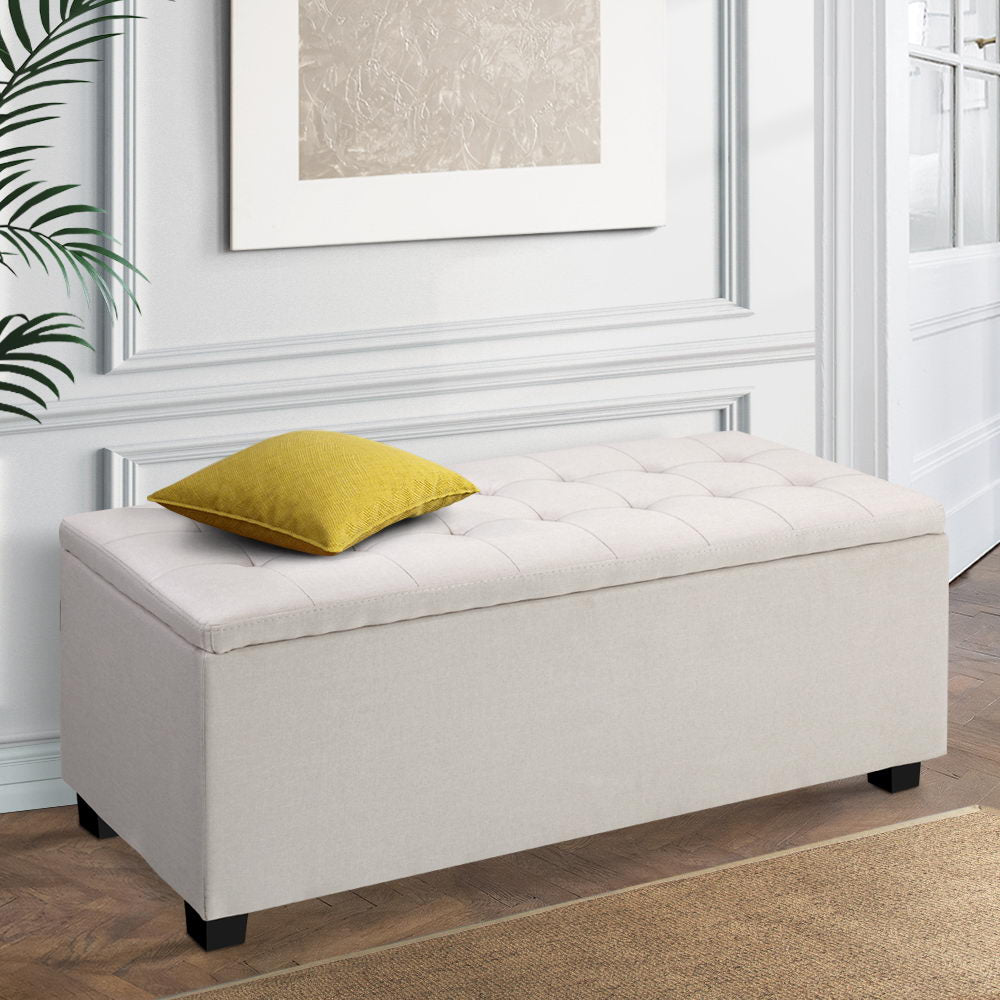 97cm Linen Beige Storage Ottoman - FREE SHIPPING