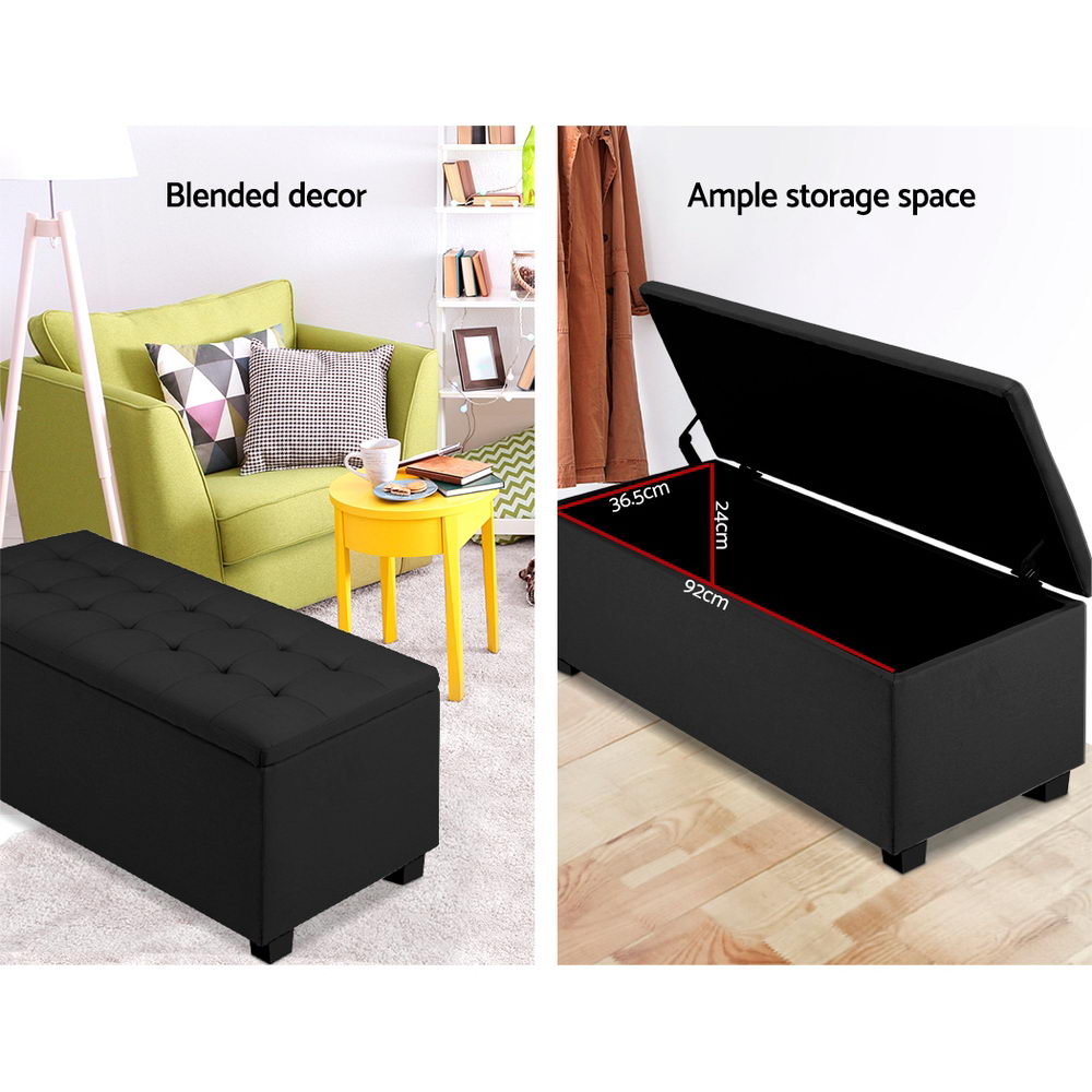 97cm Black Linen Storage Ottoman - FREE SHIPPING