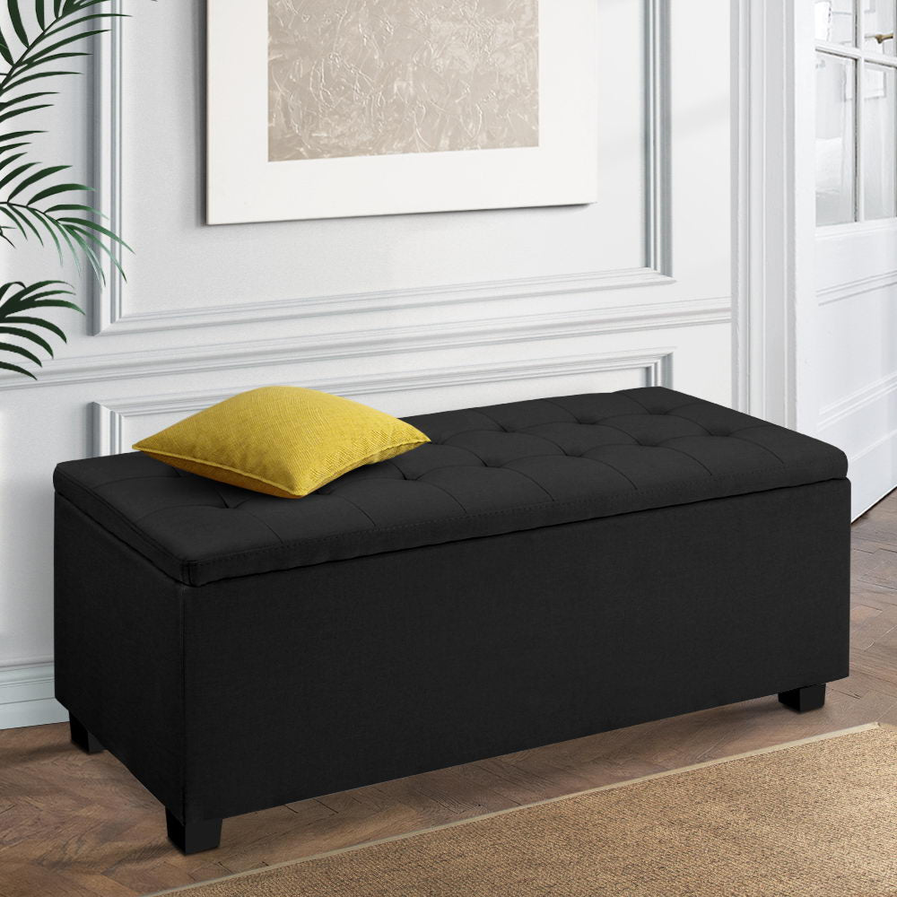 97cm Black Linen Storage Ottoman - FREE SHIPPING