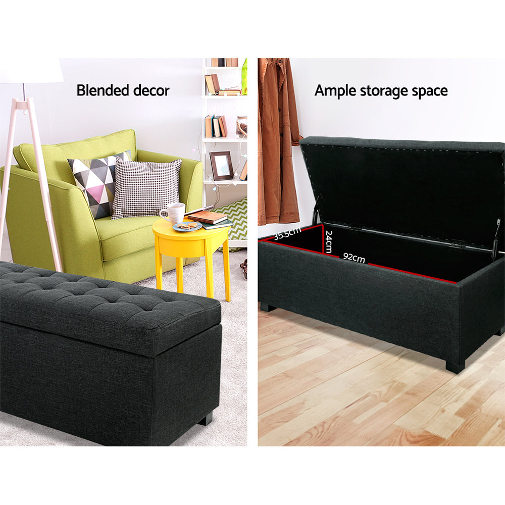 97cm Charcoal Linen Storage Ottoman - FREE SHIPPING