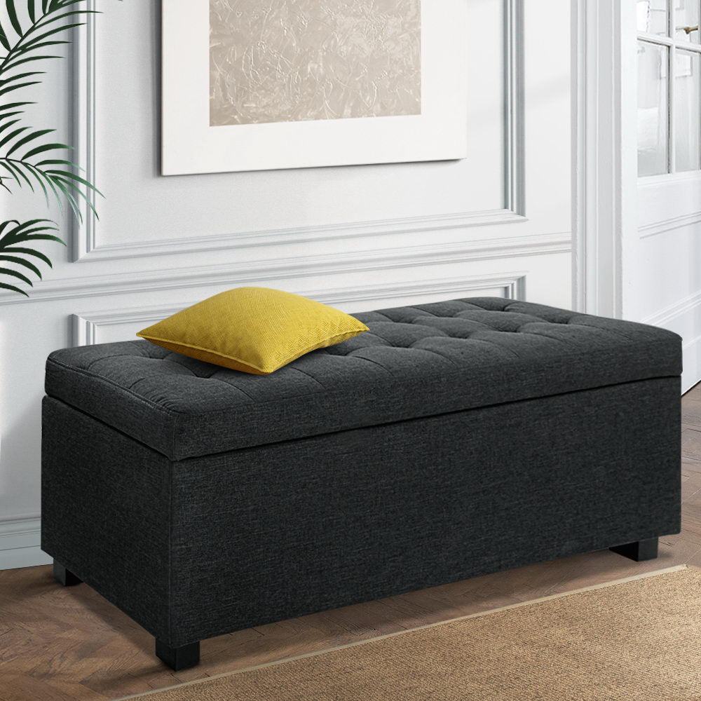 97cm Charcoal Linen Storage Ottoman - FREE SHIPPING