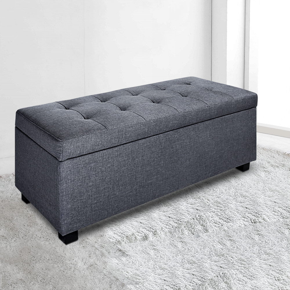 97cm Grey Linen Storage Ottoman - FREE SHIPPING