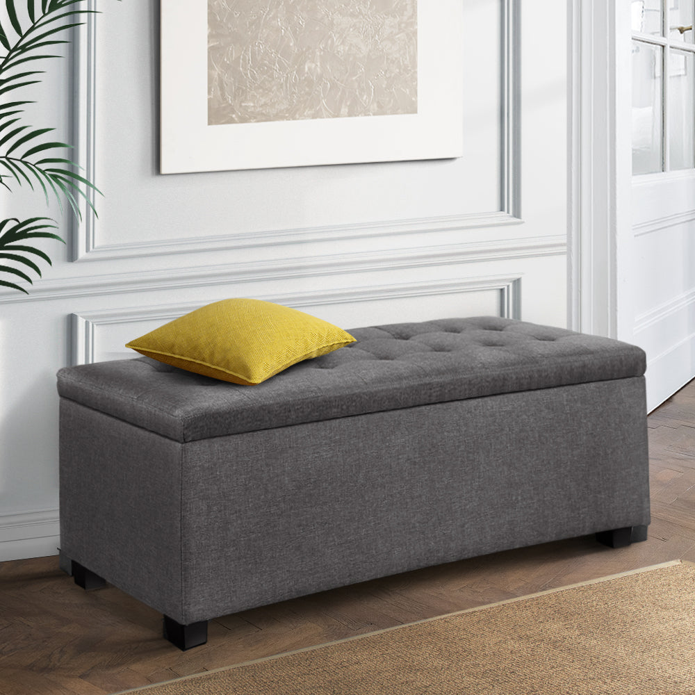 97cm Grey Linen Storage Ottoman - FREE SHIPPING