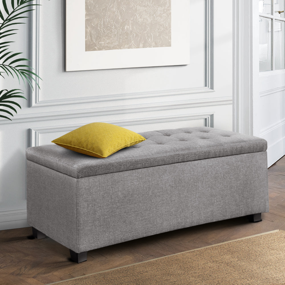 97cm Light Grey Linen Storage Ottoman - FREE SHIPPING