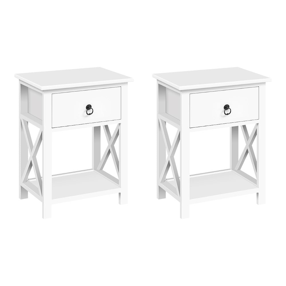 Set of 2 White Bedside Tables with Drawers (Twin Pack) - Fully Assembled - FREE SHIPPING