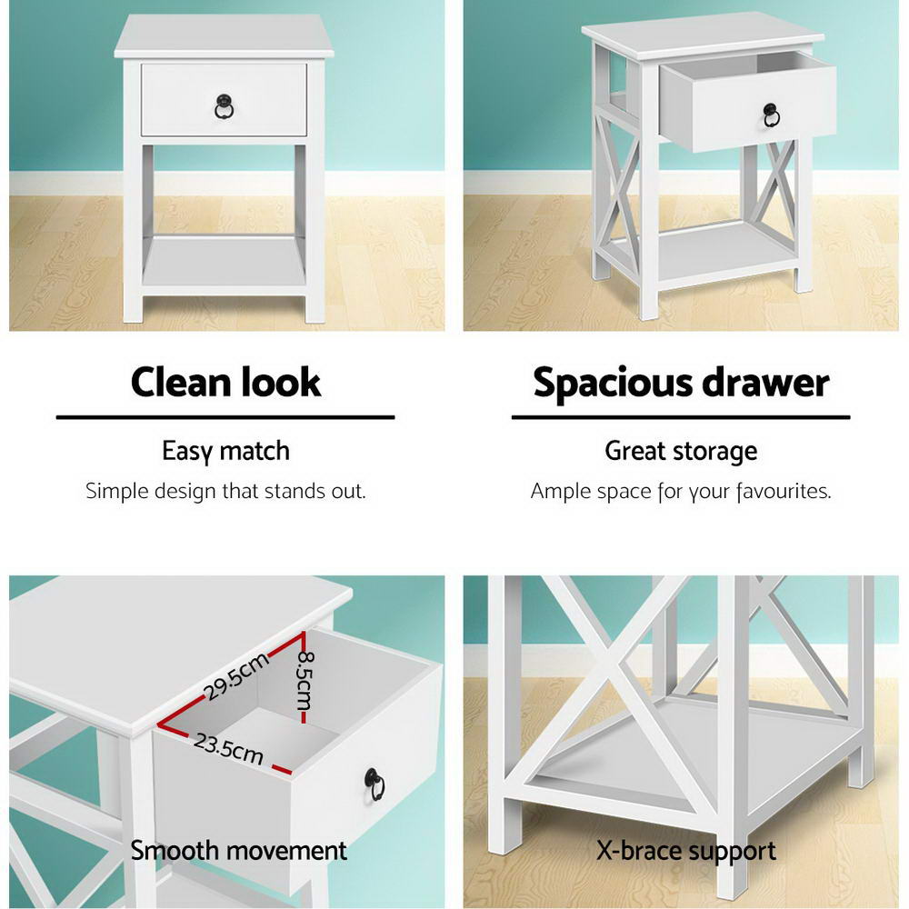 Set of 2 White Bedside Tables with Drawers (Twin Pack) - Fully Assembled - FREE SHIPPING