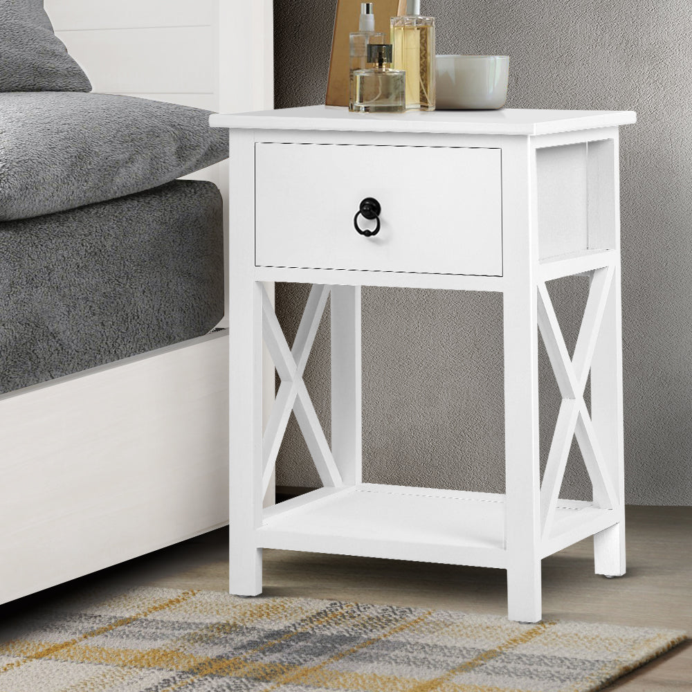 Set of 2 White Bedside Tables with Drawers (Twin Pack) - Fully Assembled - FREE SHIPPING