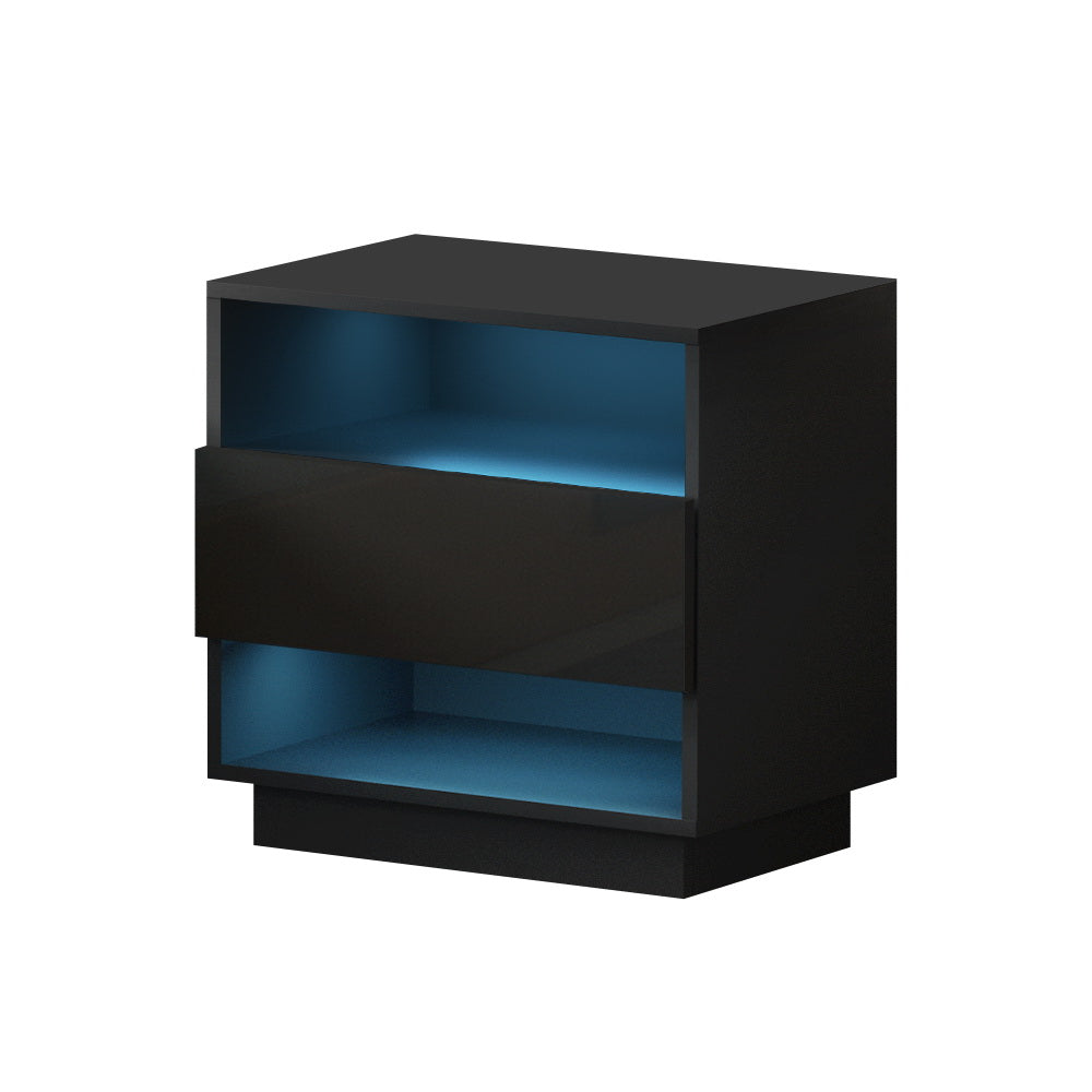 Black Gloss LED Bedside Table with Drawer and 2 Shelves - FREE SHIPPING