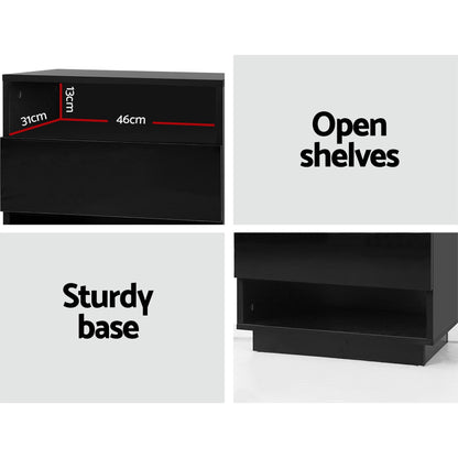 Black Gloss LED Bedside Table with Drawer and 2 Shelves - FREE SHIPPING