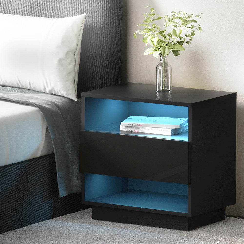 Black Gloss LED Bedside Table with Drawer and 2 Shelves - FREE SHIPPING