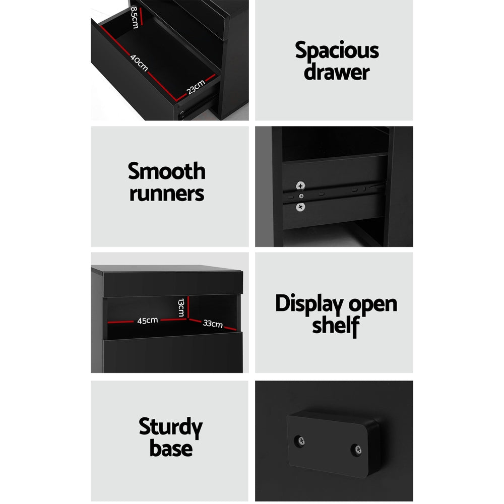 Black Gloss LED Bedside Table with Drawer - FREE SHIPPING