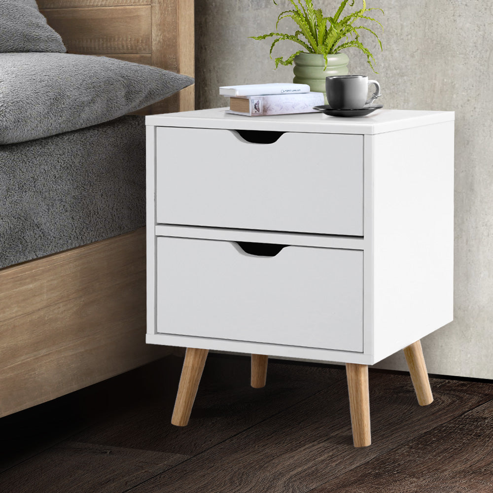 Scandinavian Inspired Bedside Table (White) with 2 Drawers - FREE SHIPPING