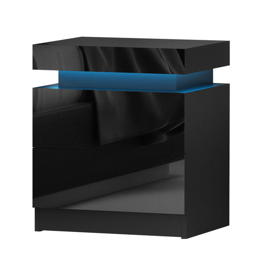 Black Gloss LED Bedside Table with 2 Drawers and Lift-up Storage - FREE SHIPPING