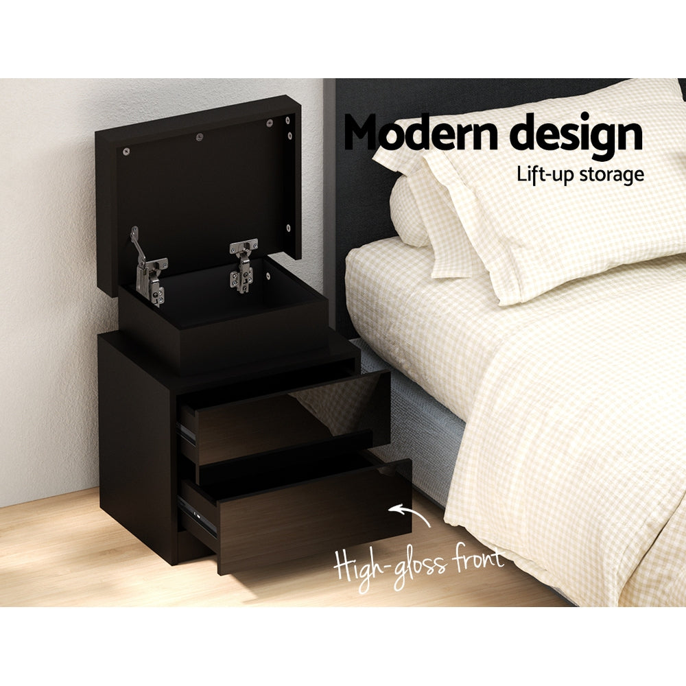 Black Gloss LED Bedside Table with 2 Drawers and Lift-up Storage - FREE SHIPPING
