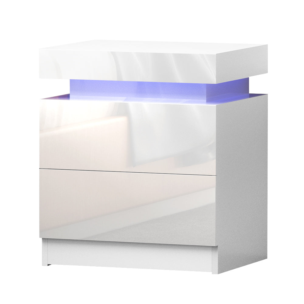 White Gloss LED Bedside Table with 2 Drawers and Lift-up Storage - FREE SHIPPING