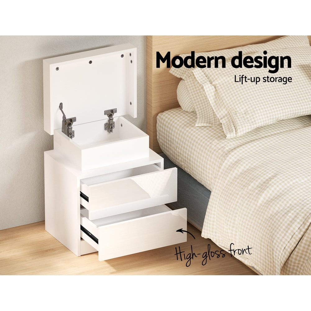 White Gloss LED Bedside Table with 2 Drawers and Lift-up Storage - FREE SHIPPING