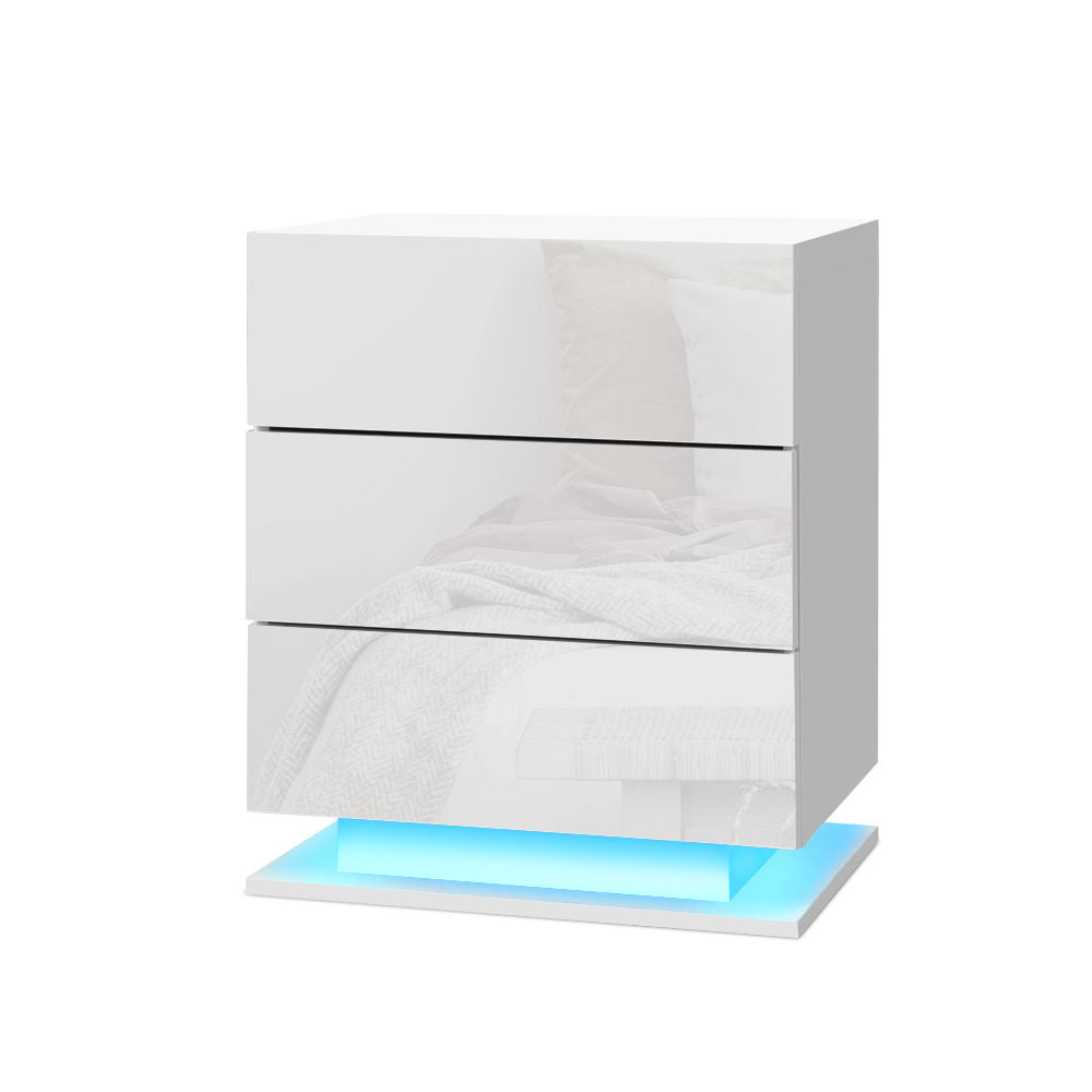 White Gloss LED Bedside Table with 3 Drawers - FREE SHIPPING