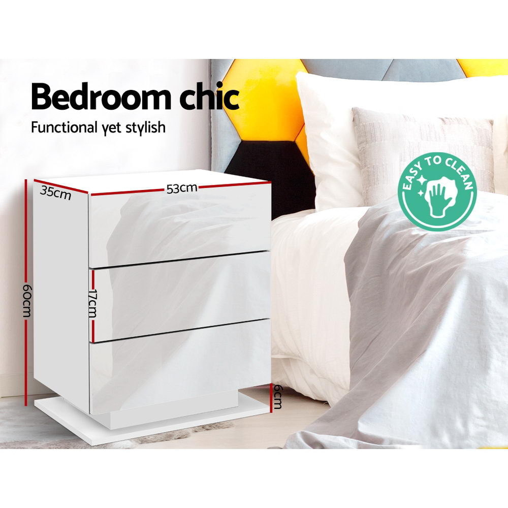 White Gloss LED Bedside Table with 3 Drawers - FREE SHIPPING