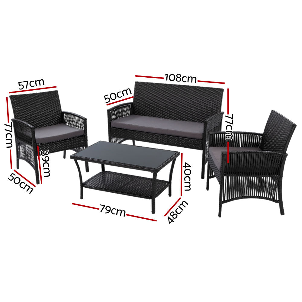 Gardeon 4PCS Outdoor Lounge Setting Sofa Set Patio Wicker Furniture Black Cover