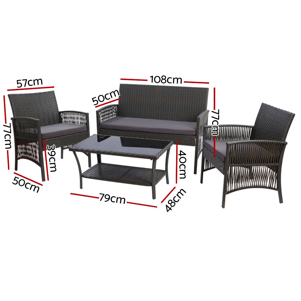 Gardeon 4PCS Outdoor Lounge Setting Sofa Set Patio Wicker Furniture Grey Cover