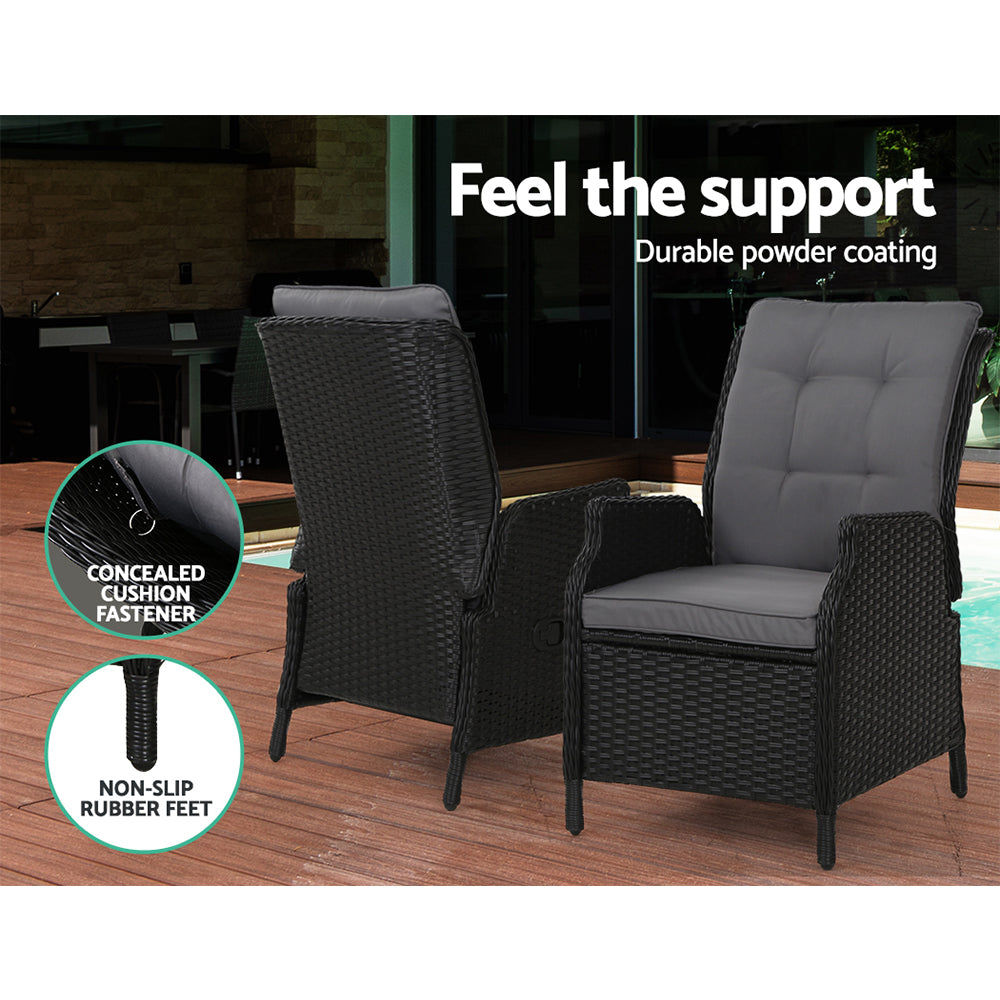 Gardeon 2PC Recliner Chair Sun lounge Wicker Lounger Outdoor Furniture Adjustable Black