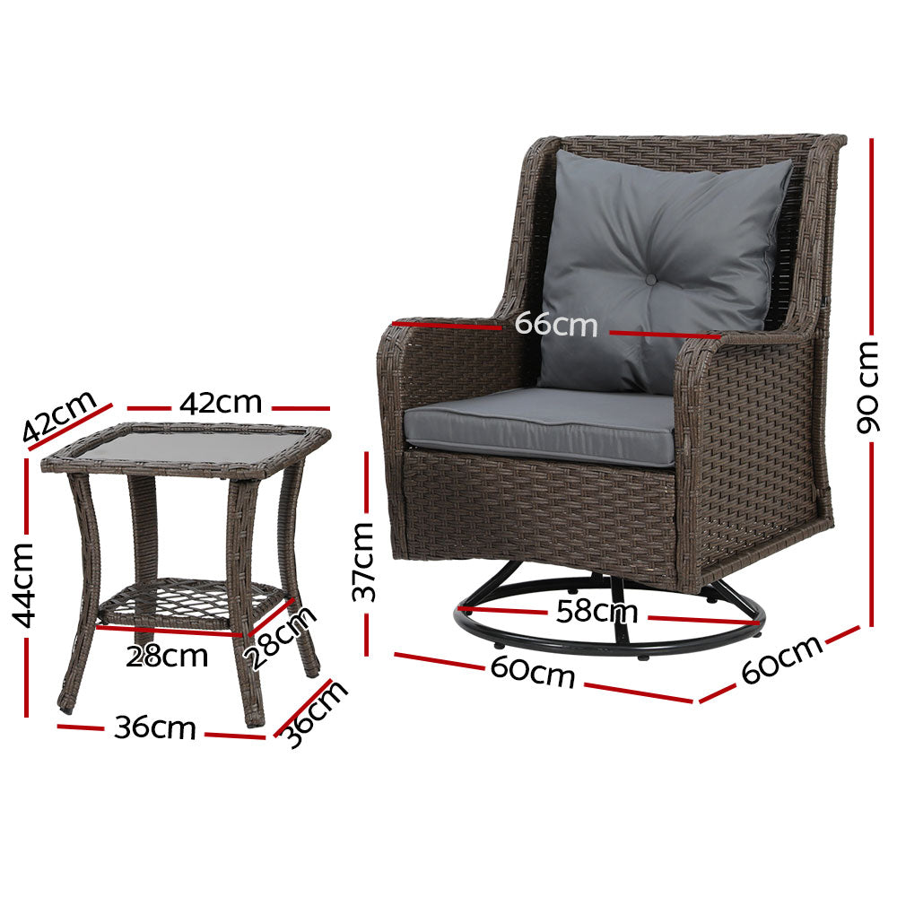 Gardeon 3PC Outdoor Furniture Bistro Set Lounge Wicker Swivel Chairs Table Cushion Black