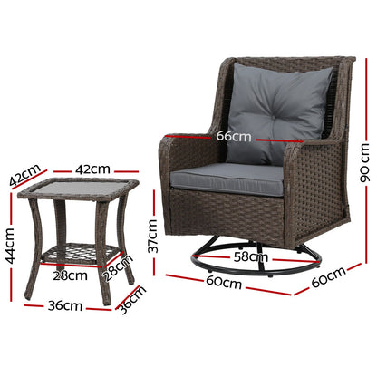 Gardeon 3PC Outdoor Furniture Bistro Set Lounge Wicker Swivel Chairs Table Cushion Black