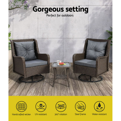 Gardeon 3PC Outdoor Furniture Bistro Set Lounge Wicker Swivel Chairs Table Cushion Black