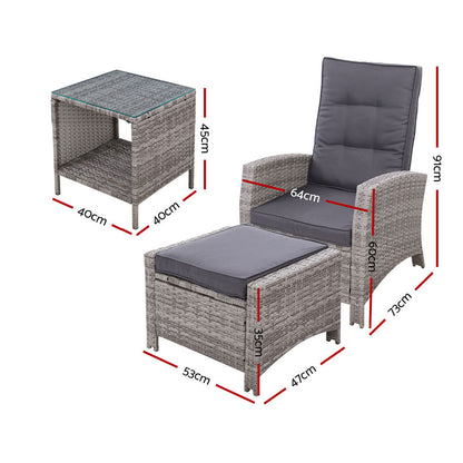 Gardeon 3PC Recliner Chairs Table Sun lounge Wicker Outdoor Furniture Adjustable Grey